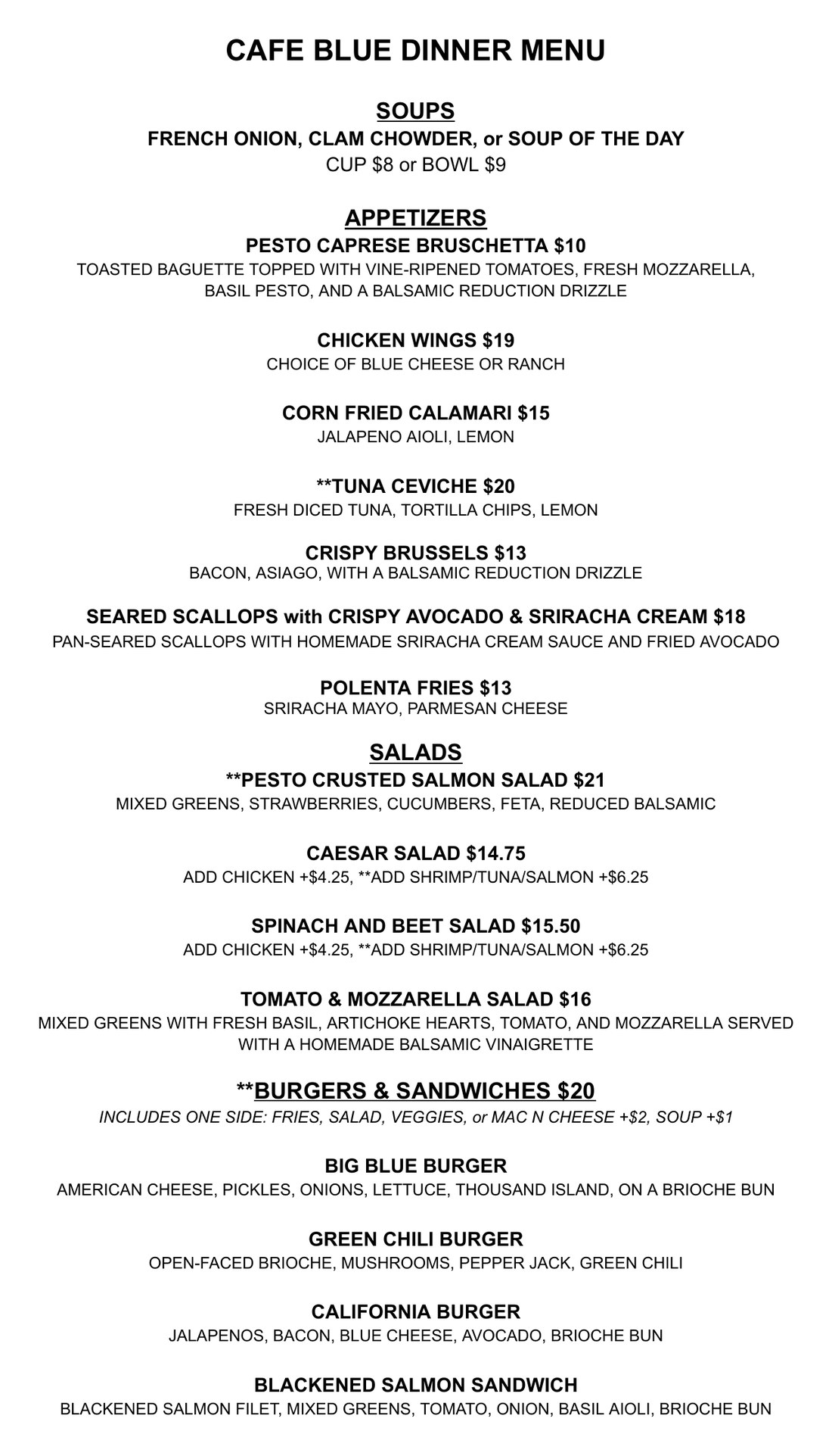 Cafe Blue Dinner Menu Page 1